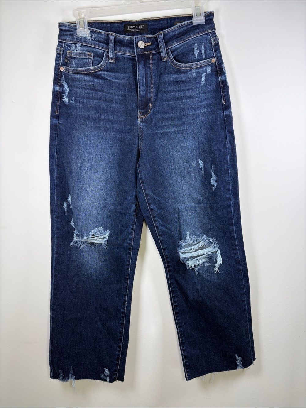 Judy Blue Dark Wash Distressed Wide Leg Cropped Ankle Jeans Raw Hem Sz 7